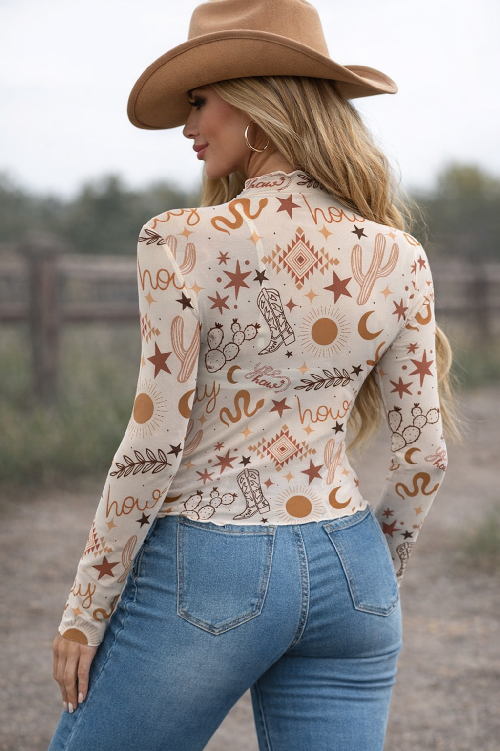 Neon Spur LLC - Wholesale Blouse - Women's - Yeehaw Howdy Long Sleeve Mesh Top1