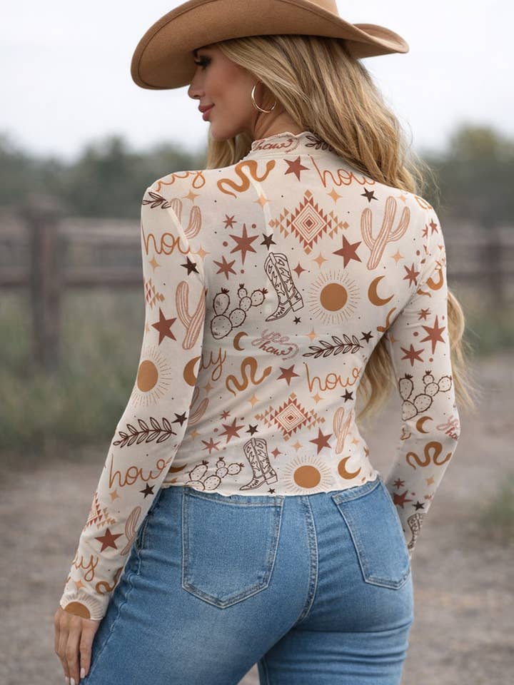 Neon Spur LLC - Wholesale Blouse - Women's - Yeehaw Howdy Long Sleeve Mesh Top1