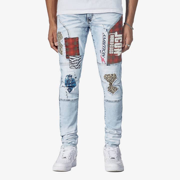 LIGHT SAND BLUE JEANS W/ FLANNEL PATCHWORK for wholesale by Copper Rivet