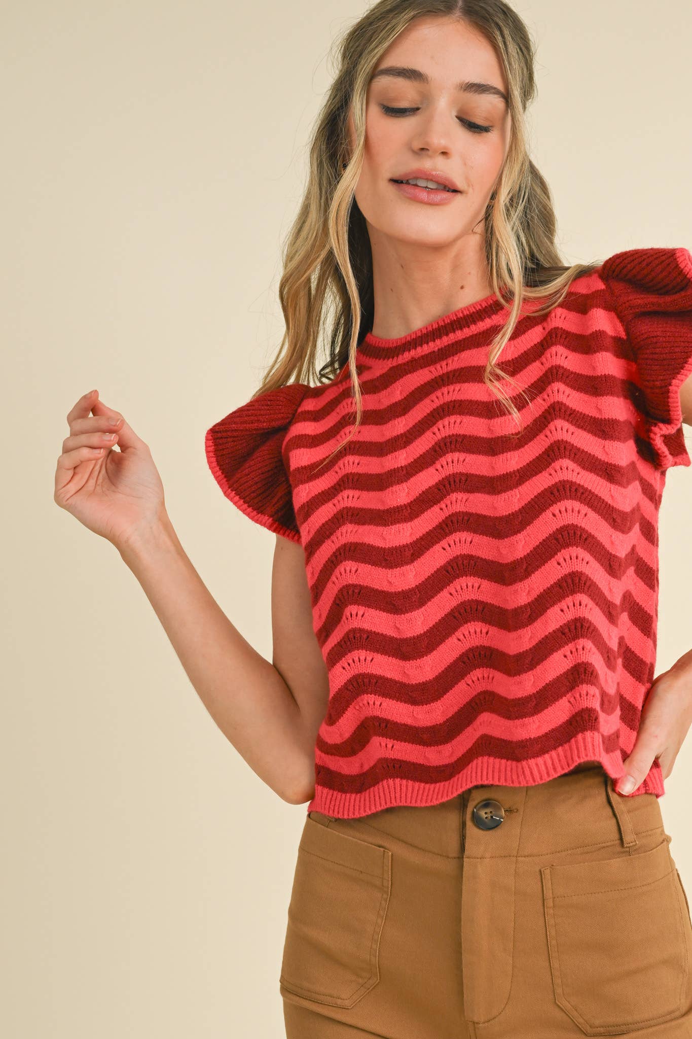 &MERCI - Wholesale Knit Sweater - Women's - WAVY STRIPES FLUTTER SLEEVE SWEATER TOP MSW1050971