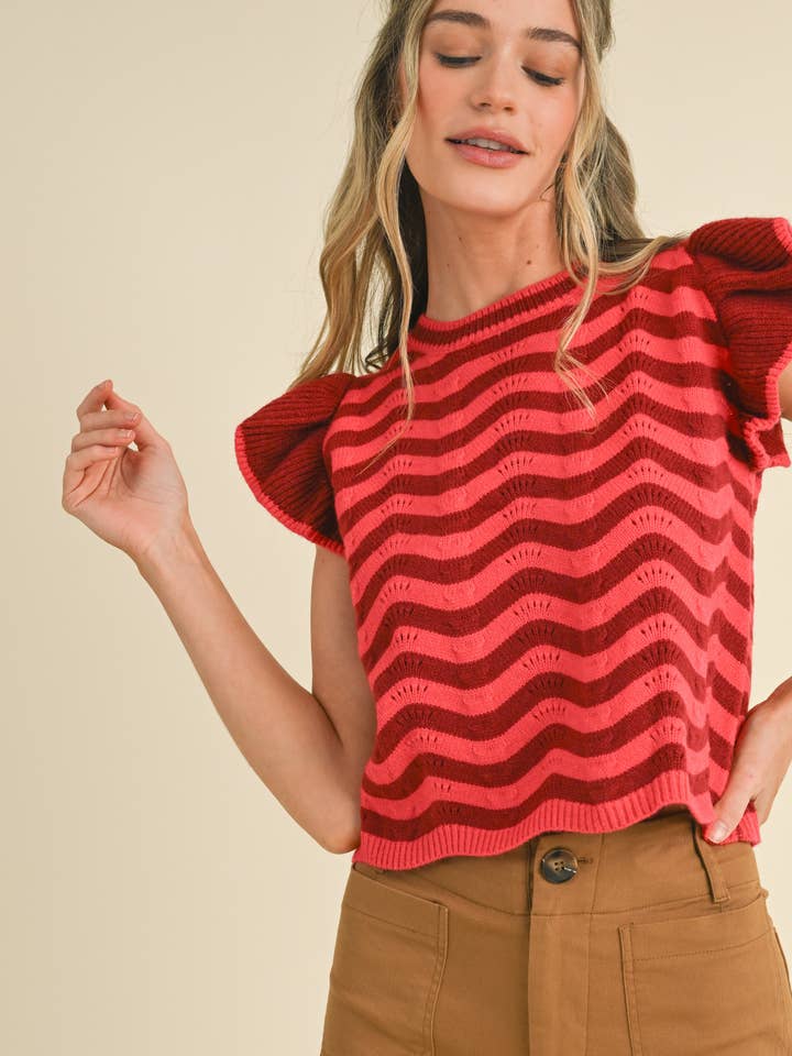 &MERCI - Wholesale Knit Sweater - Women's - WAVY STRIPES FLUTTER SLEEVE SWEATER TOP MSW1050971