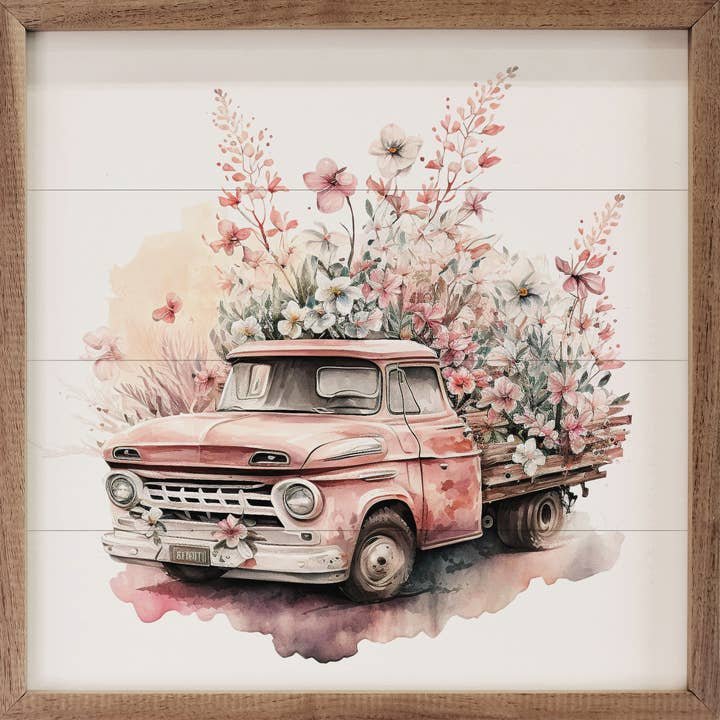 Kendrick Home - Wholesale Art Print - Pink Truck With Flat Box Flowers