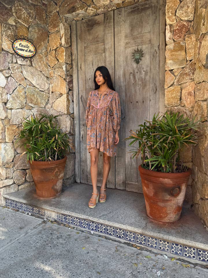 The Fox and The Mermaid - Wholesale Dress - Women's - Block Printed Cotton Balloon Sleeve Mini Dress (Zoha)