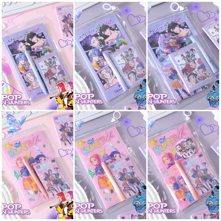 K-POP Demon Hunter Girl Group Stationery Set Notebook, Click Pen, Highlighter & Zipper Pouch for School or Office for wholesale by Auraquise