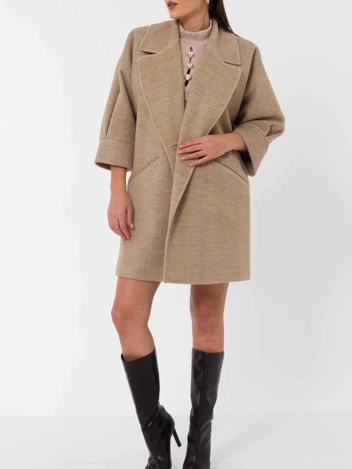 Beige Coloured Wool blend herringbone Coat for wholesale by Elif Köse