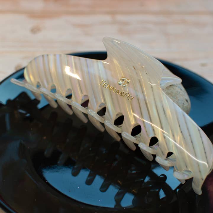 XL Glam Claw in Rainbow Opal | Translucent White Striped Rainbow Iridescent | XL Hair Claw for Long Hair | Lightweight Hair Claw for wholesale by Fenna&Fei