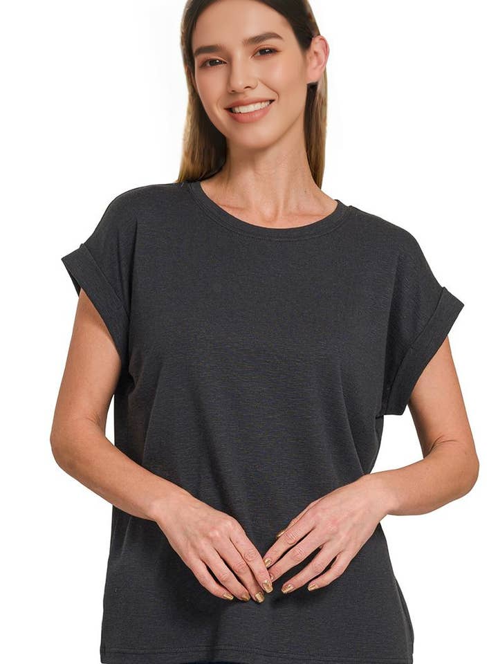 ..._ SI-27283 Katoen Modal Slub T-shirt met Opgerolde Mouwen voor wholesale door 42POPS