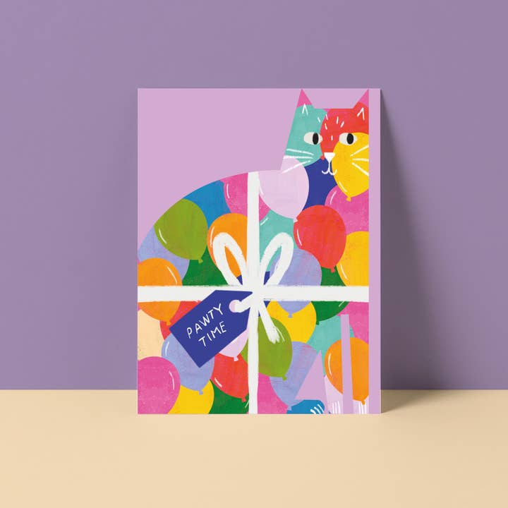 Pawty Time Cat cut out card for wholesale by Niaski (USA DUTIES PAID)