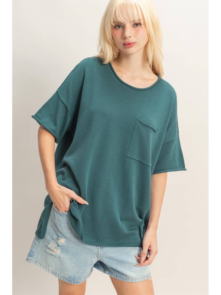 Oversized Short Sleeve Round Neck Pocket Knit Top for wholesale by HYFVE