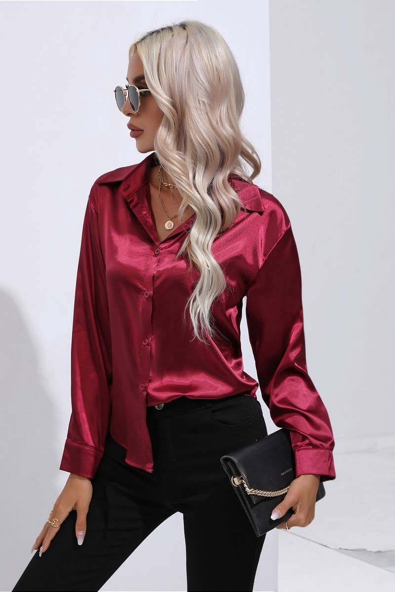NINEXIS - Wholesale Button Down Shirt - Women's - CWTBLL0690_Button Down Silky Satin Long Sleeve Top8