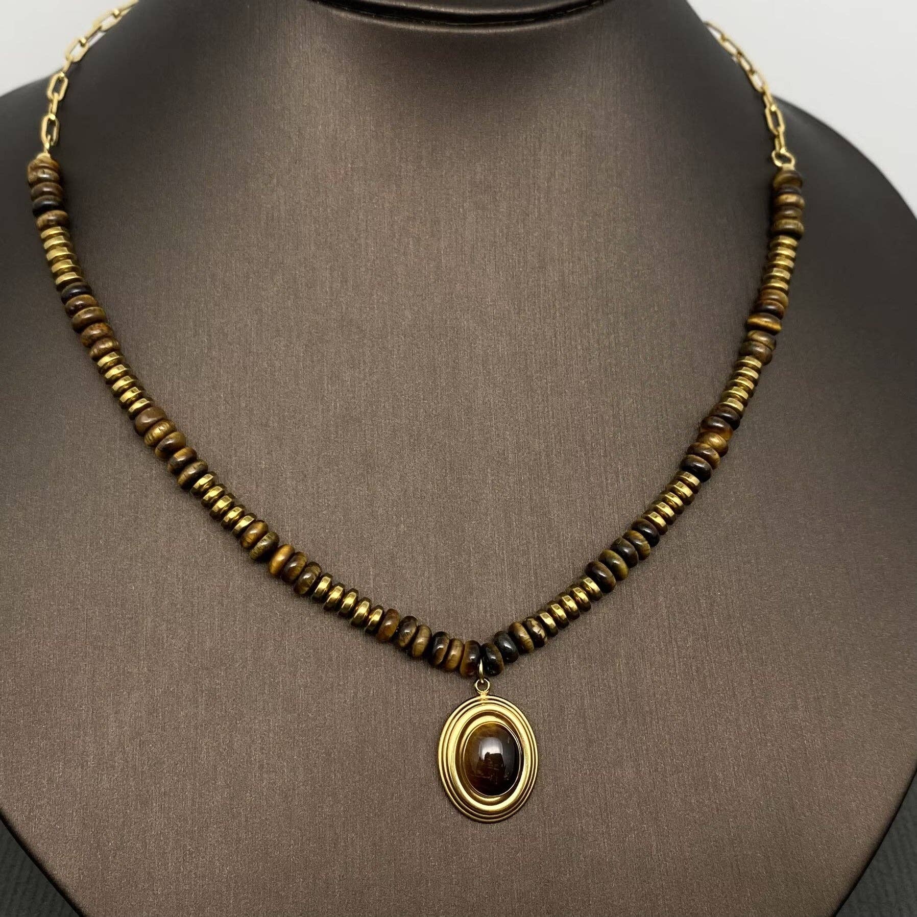 Mio Queena - Wholesale Pendant/Charm Necklace - 18K Golden S.Steel Tiger's Eye Stone Beaded Necklace - FGS/CS4