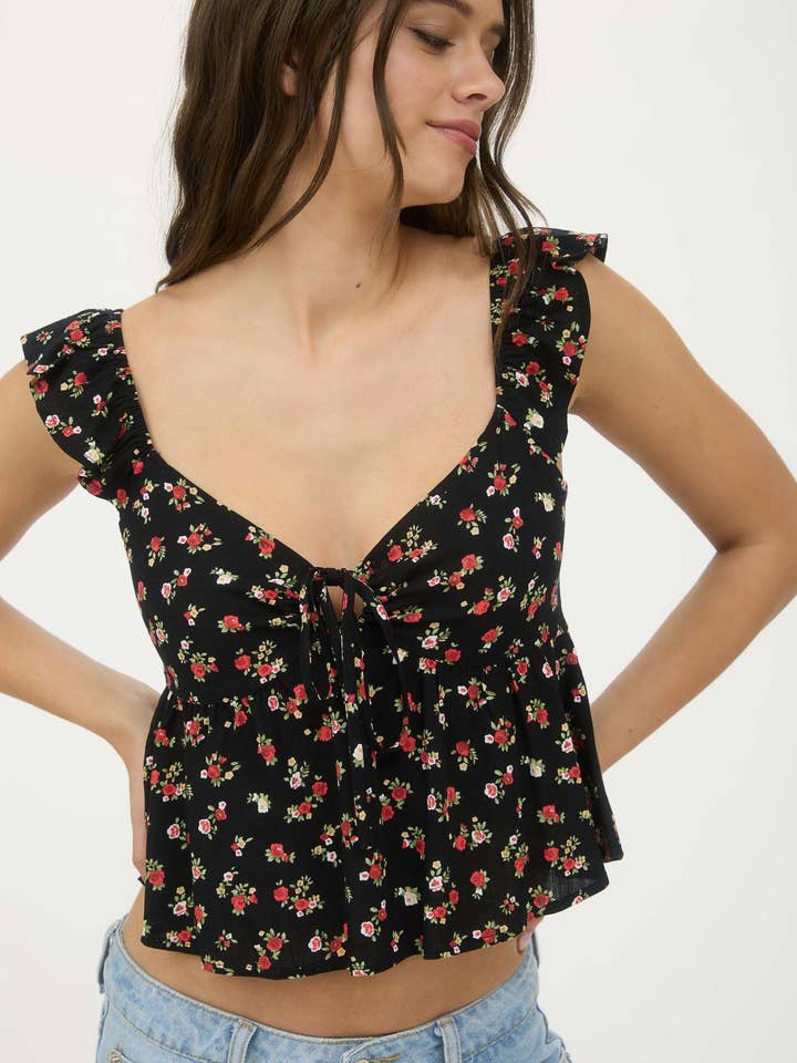 Blu Pepper - Wholesale Blouse - Women's - FLORAL CLIP DOT FRONT TIE WITH CUT-OUT CROP TOP4