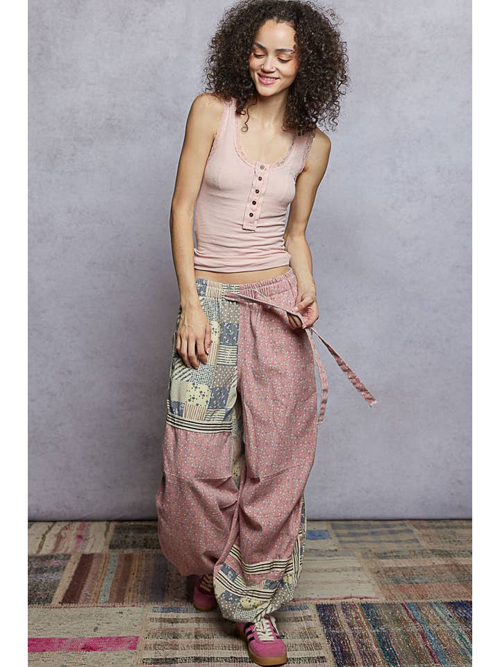 Pol Clothing - Wholesale Pants - Women's - Printed Woven Contrast Band Trim Jogger Pants13