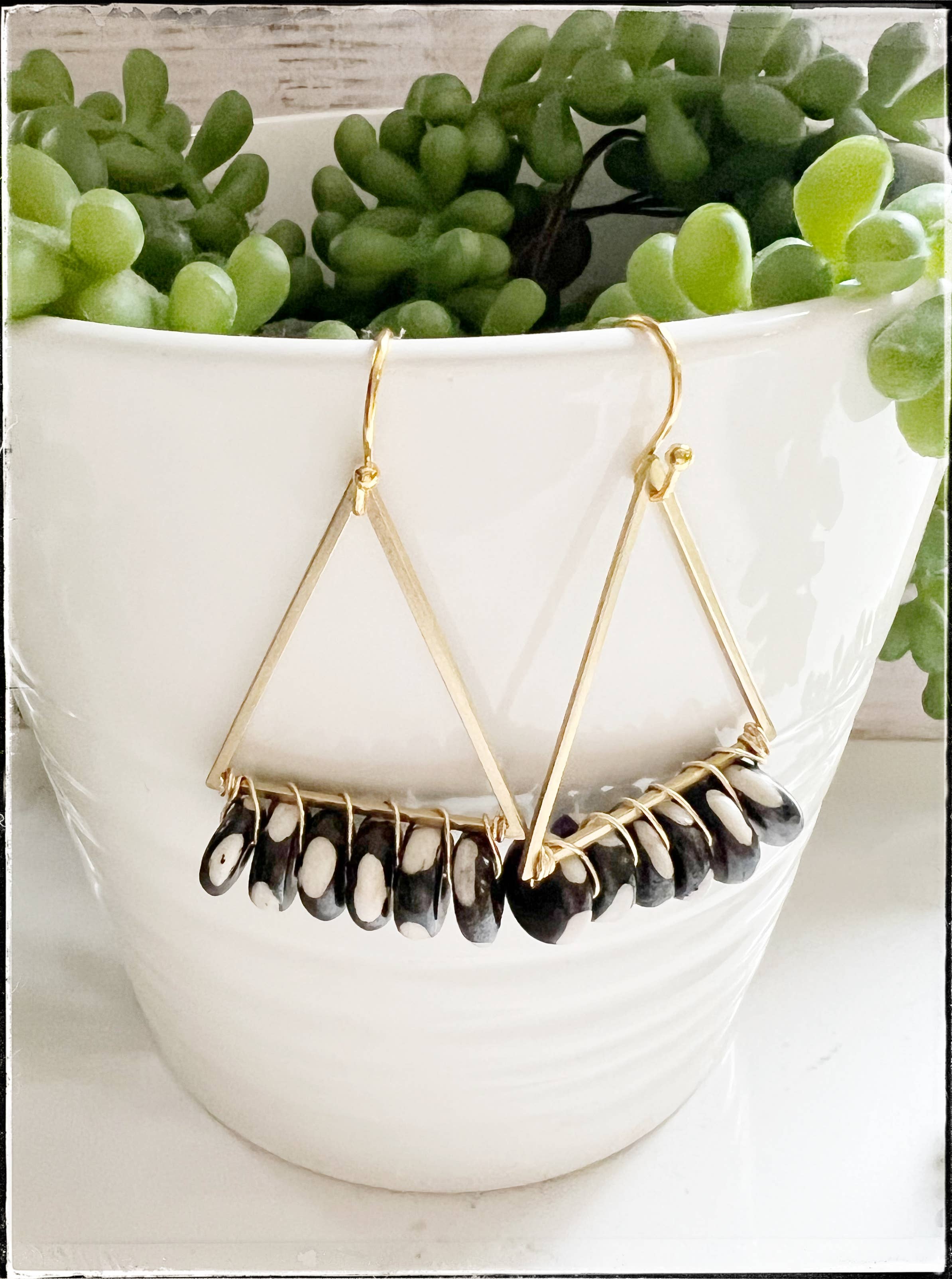 GentrybyJenna - Wholesale Dangle Earrings - Wire Wrapped Triangle Hoop Polka Bone Bead Dangle Earrings2