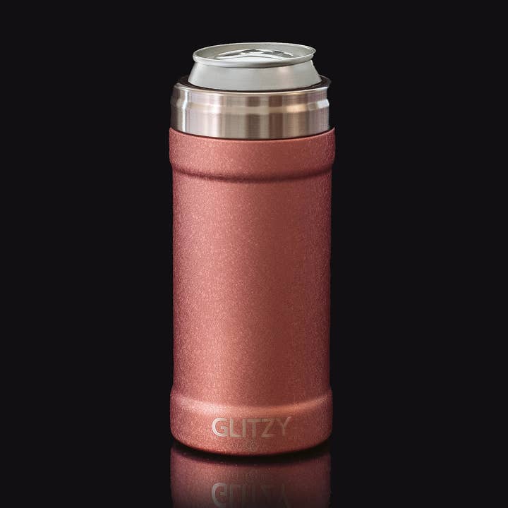 Glitzy Skinny Can Cooler Peinture glacée or rose 12 oz pour la vente par Glitzy Coolers