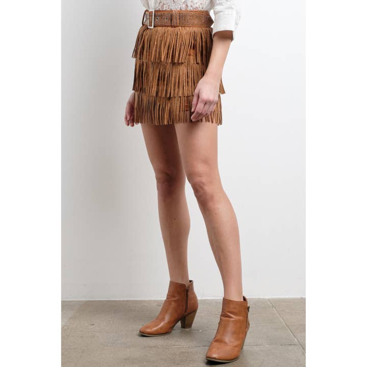 KIWI - Vente Jupe-short – femme - Jupe-culotte western en suédine avec franges et strass gris anthracite25