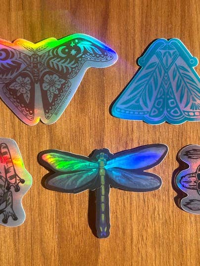 Holographic Art Nouveau Cosmic Creatures Stickers Moth Dragonfly Cicada Turtle Frog for wholesale by Jennifer Yung Art