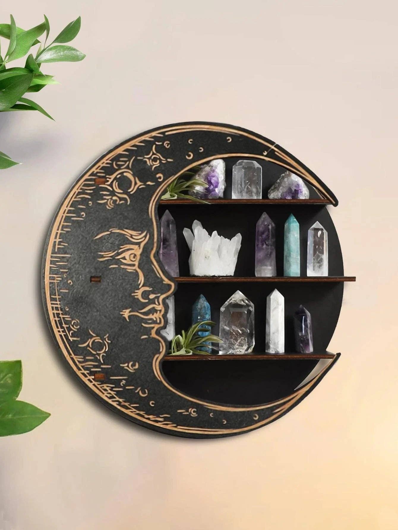 Buddha Ayurveda - Wholesale Wall Mounted Shelf - 0407BA Wooden Shelf Moon Face Display Stand Floating Shelf Wall Decor Wall Shelf Boho Home Decoration Crystal Holder Wall Organizer0