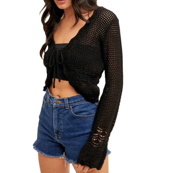 Open Crochet Knit Tie Front Crop Cardigan for wholesale by Blue Bunny Inc