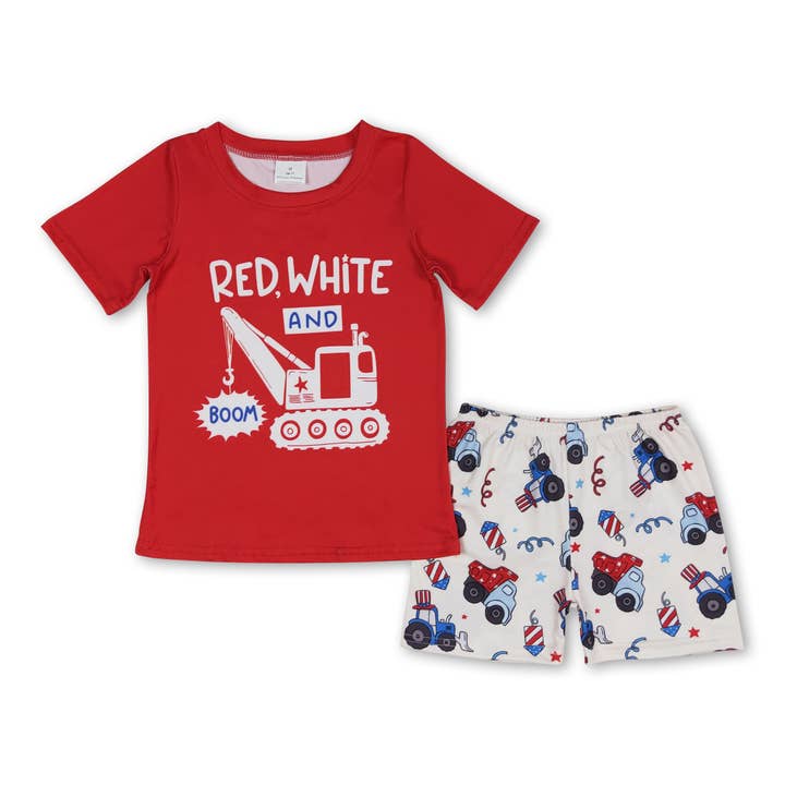 Red white and boom excavator boys 4th of july apparel for wholesale by Yawoo Garments