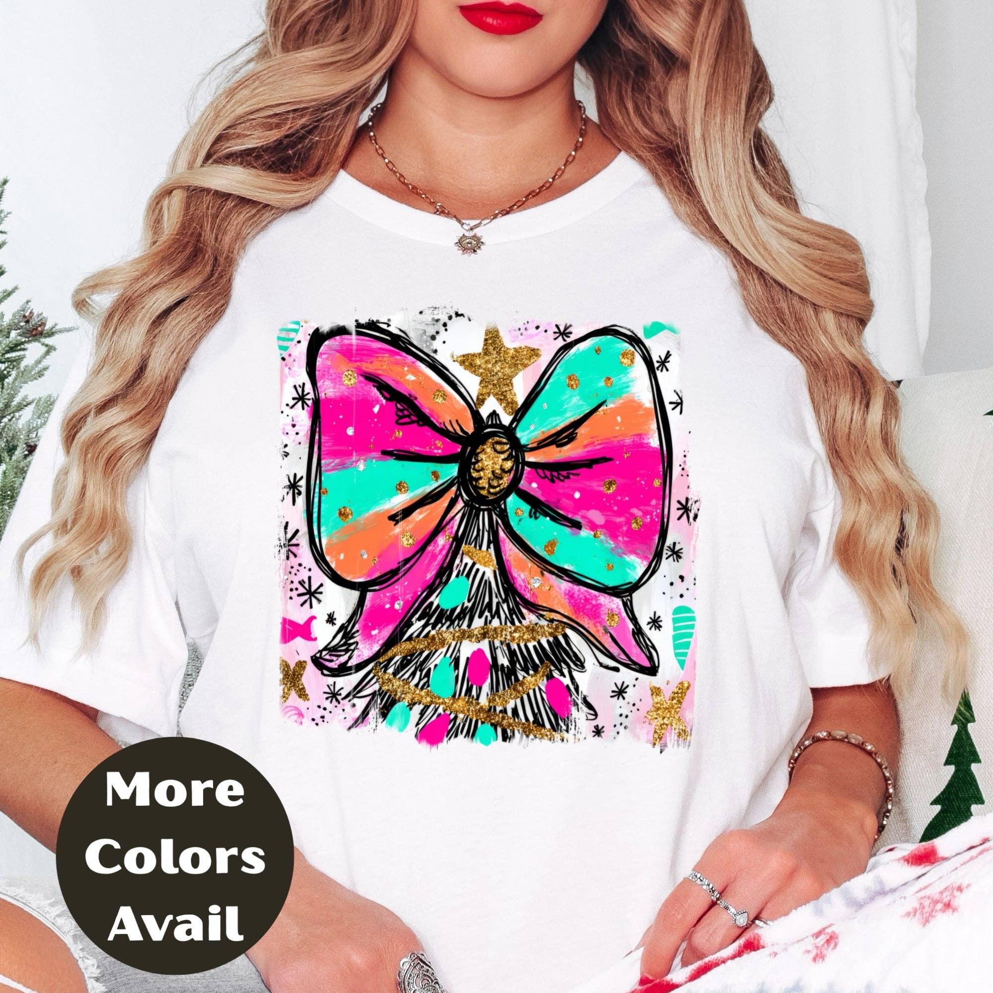 Epic Life  - Designed – wholesale Screen printed t-shirt – Women′s – Bright Bow Christmas Tree Shirt or Sweatshirt – Colorful Neon Holiday Top S-4XL Plus Size – Festive Christmas Tee0