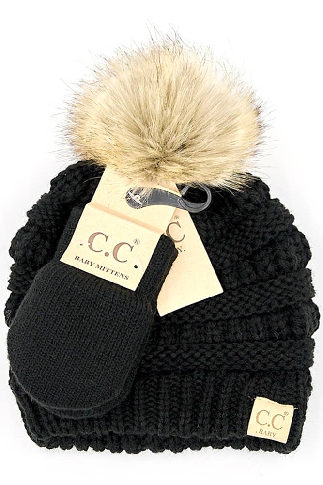 Hana - Wholesale Beanie - Kids - C.C Baby Solid Ribbed Pom Beanie and Mitten Glove1