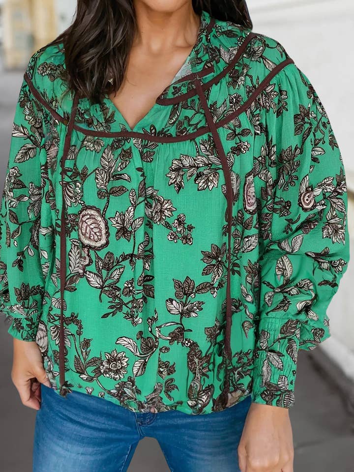 BOHO Contrast Trim Shirred Puff Long Sleeve Blouse | S-XL for wholesale by Aapparella
