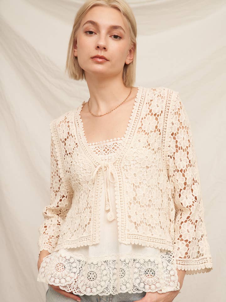 Floral Crochet Tie Front Cardigan for wholesale by En Crème