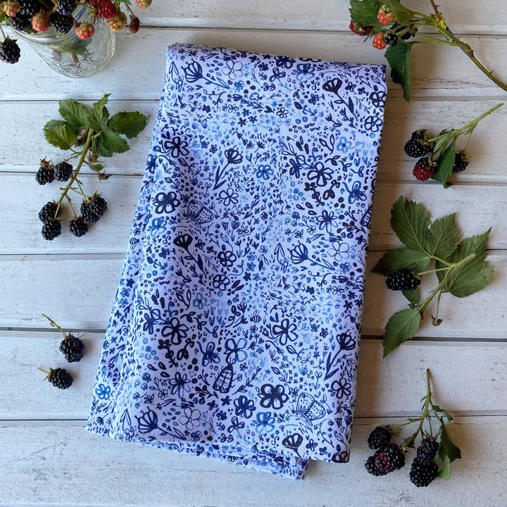 Indigo Butterfly Garden Tea Towel for wholesale by tiny farmhouse by Amy McCoy