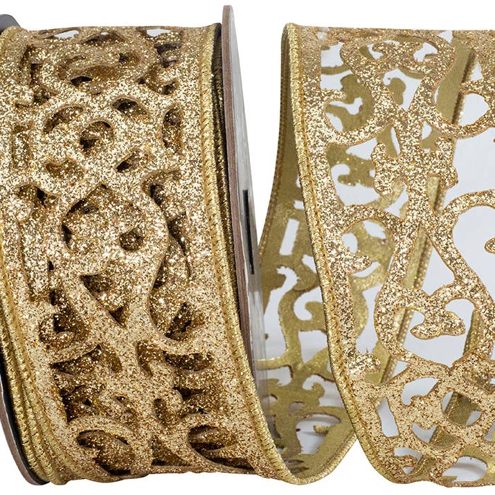 Scroll Glitter Opulence Cut Out Wired Edge, Gold, 2-1/2 In for wholesale by RELIANT RIBBON