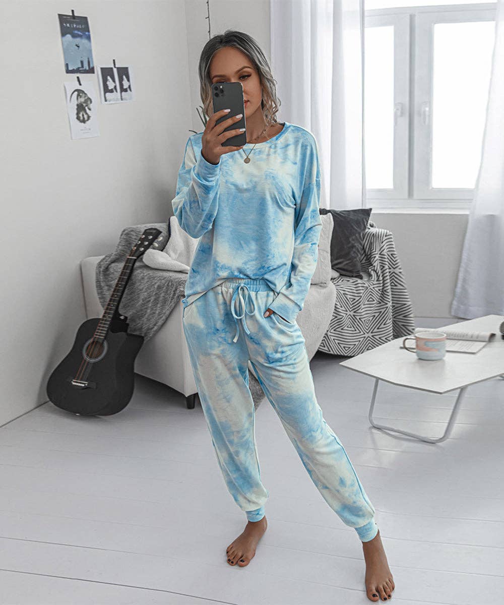 Blue Tie-Dye Long Sleeve Lounge Set for wholesale on Faire4