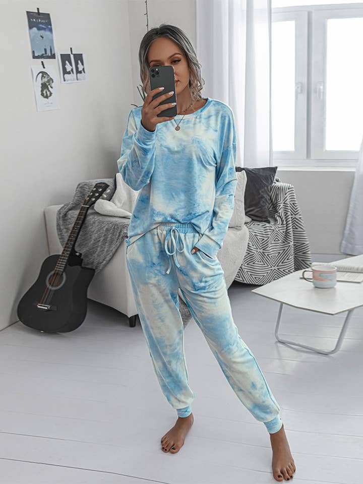 Blue Tie-Dye Long Sleeve Lounge Set for wholesale on Faire4