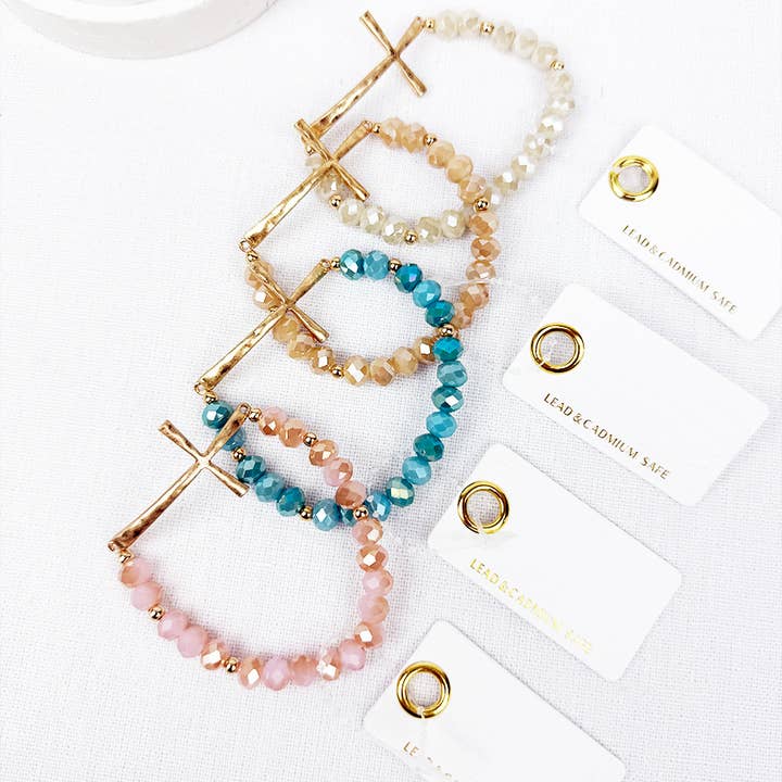Love and Repeat - Wholesale Beaded Bracelet - Hammered Cross Crystal Mix Beads Bracelet
