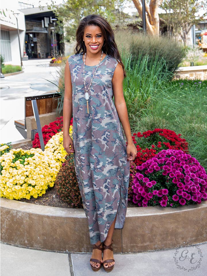 Standing Out in Camo Maxi Tank Dress for wholesale on Faire