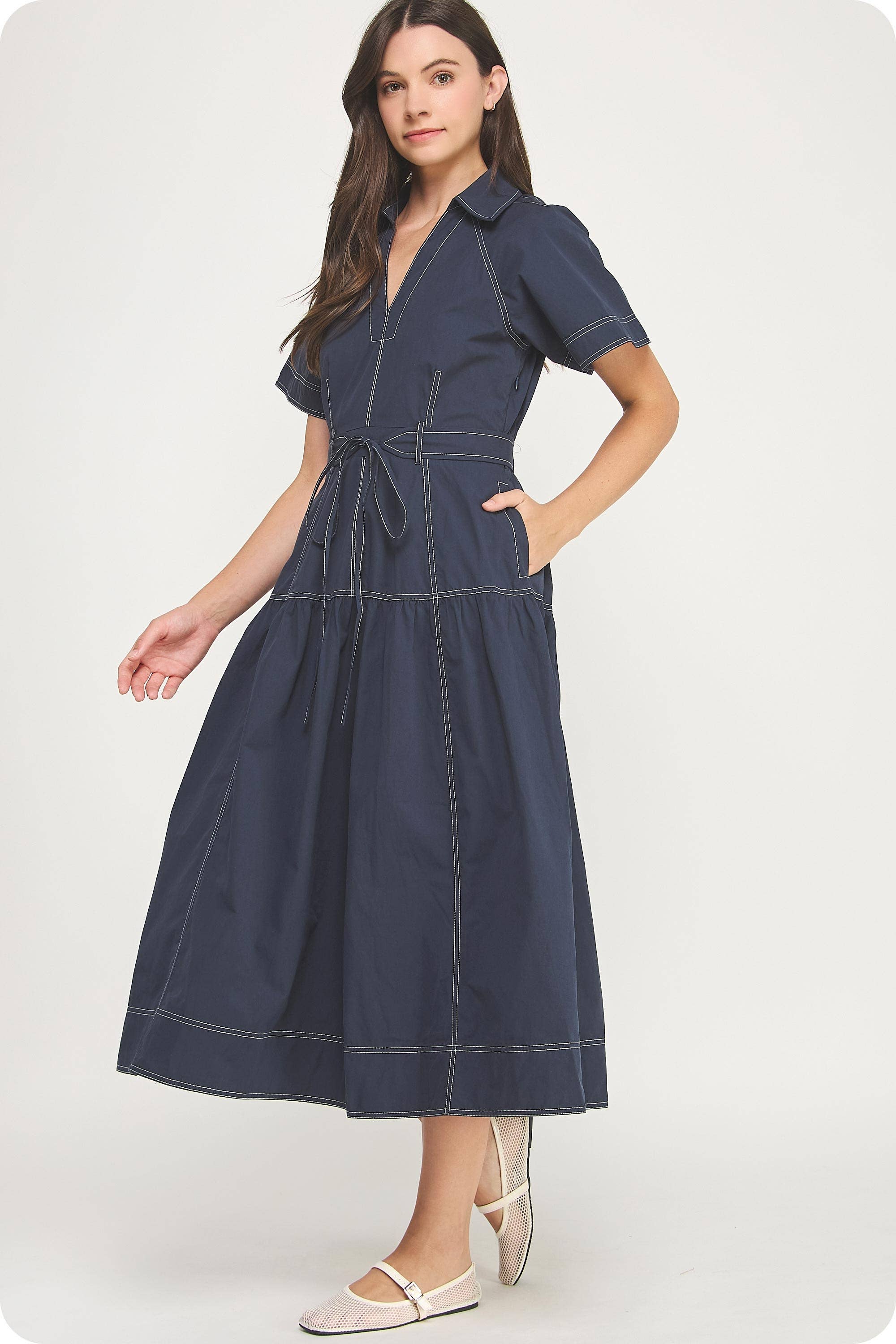 Strut & Bolt - Vente Robe – femme - Robe midi en popeline à col surpiqué2