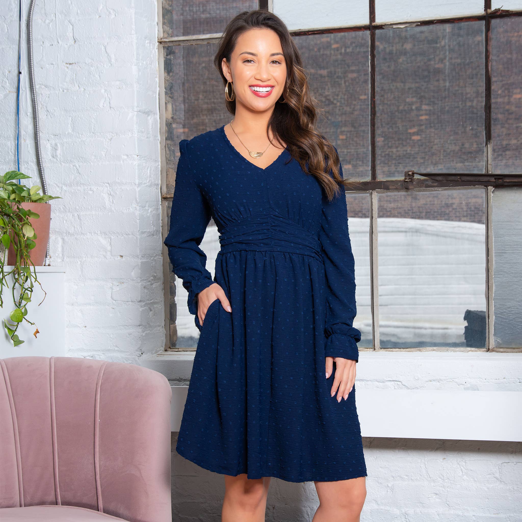 Elsie & Zoey - Wholesale Dress - Women's - Hayden Swiss Dot Long Sleeve Ruched V-Neck Dress0