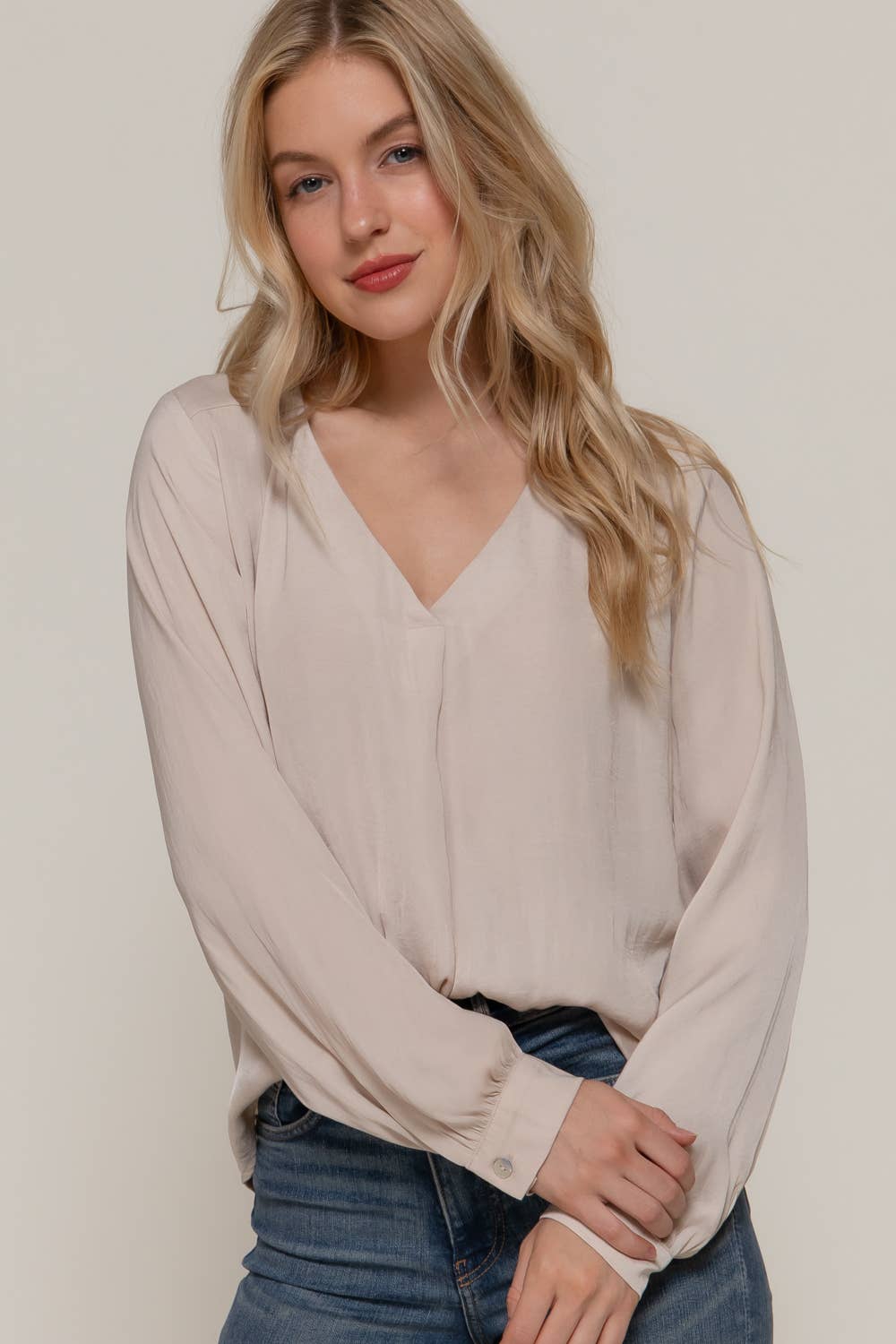 Active Basic | Active USA - Wholesale Blouse - Women's - Long Sleeve V-Neck with Pleats Satin Blouse15