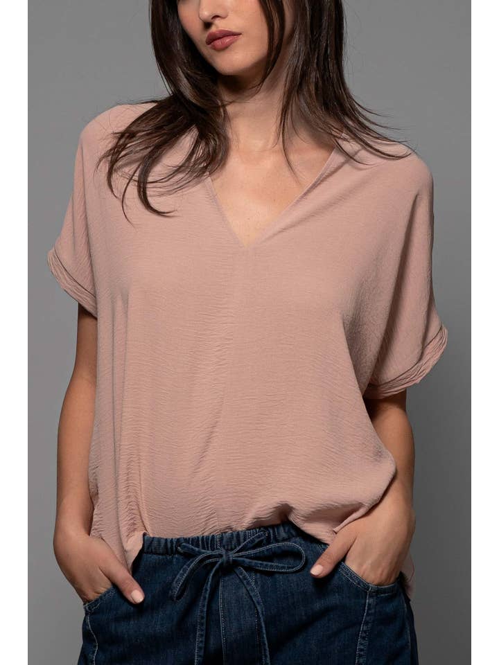 Urban Daizy - Wholesale Blouse - Women's - Relaxed V-Neck Top with Folded Sleeves
