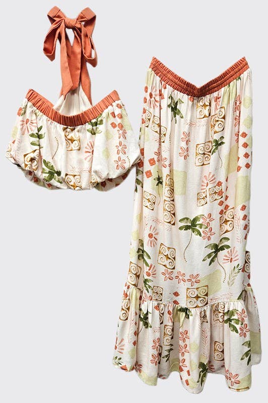 Cream Multi Printed Halter And Skirt Set for wholesale on Faire8