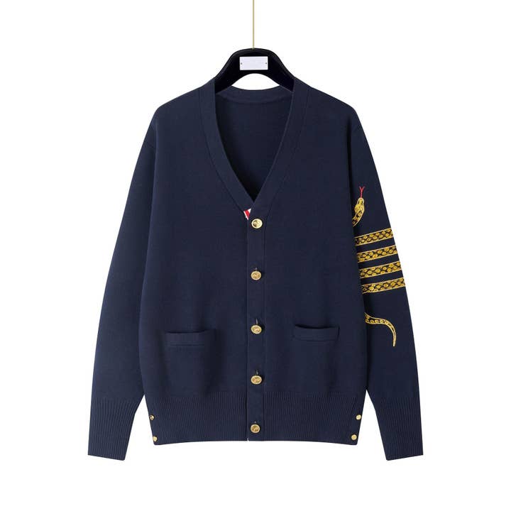 Bleu foncé Cardigan en laine brodé serpent JK201 – Style décontracté à col en V en vente sur Faire