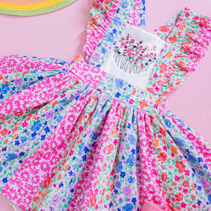 Floral Garden Patch Embroidered Pinafore Dress for wholesale by Little Grey