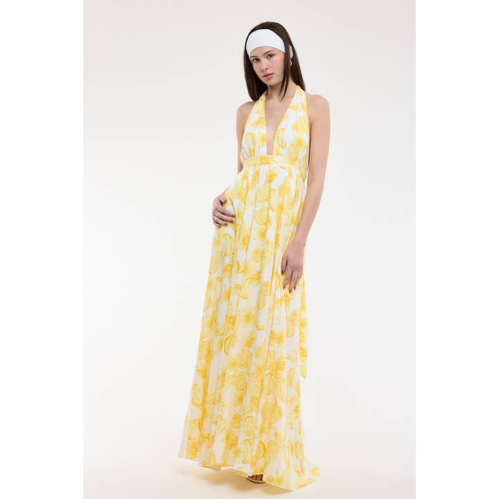 TROPICAL FRUIT HALTER TIE OPEN BACK MAXI DRESS for wholesale by Sky to Moon