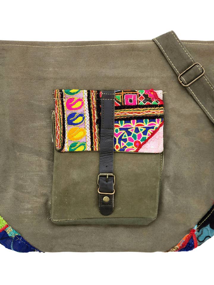 Vintage Fabric Accented Recycled Military Tent Crossbody for wholesale by Vintage Addiction