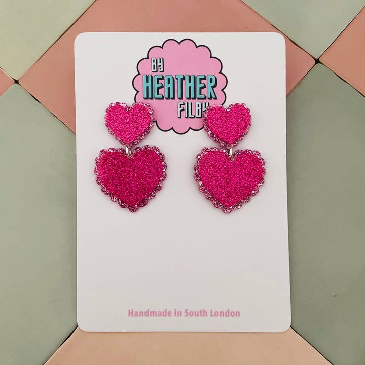 Frilly Double Heart Glitter Resin Earrings (More Colours) for wholesale by By Heather Filby