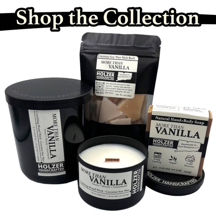 Holzer Handcrafted ® - Vente Bougie en bocal - Bougie à Mèche en Bois Plus Que Vanille - Parfum Vanille + Santal + Beurre de Karité | Naturelle | Cire de Coco et Soja Coulée à la Main | Boîte Noire Moderne de 170 g avec Couvercle | Artisanale | Parfum de Luxe Non Toxique Sans Phtalates5