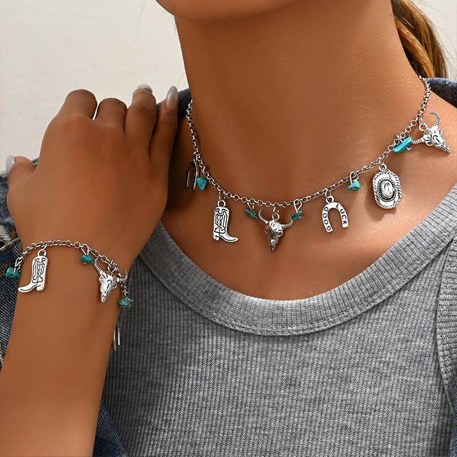 Gray Western Cowgirl Necklace and Bracelet Set ZK2557 for wholesale on Faire