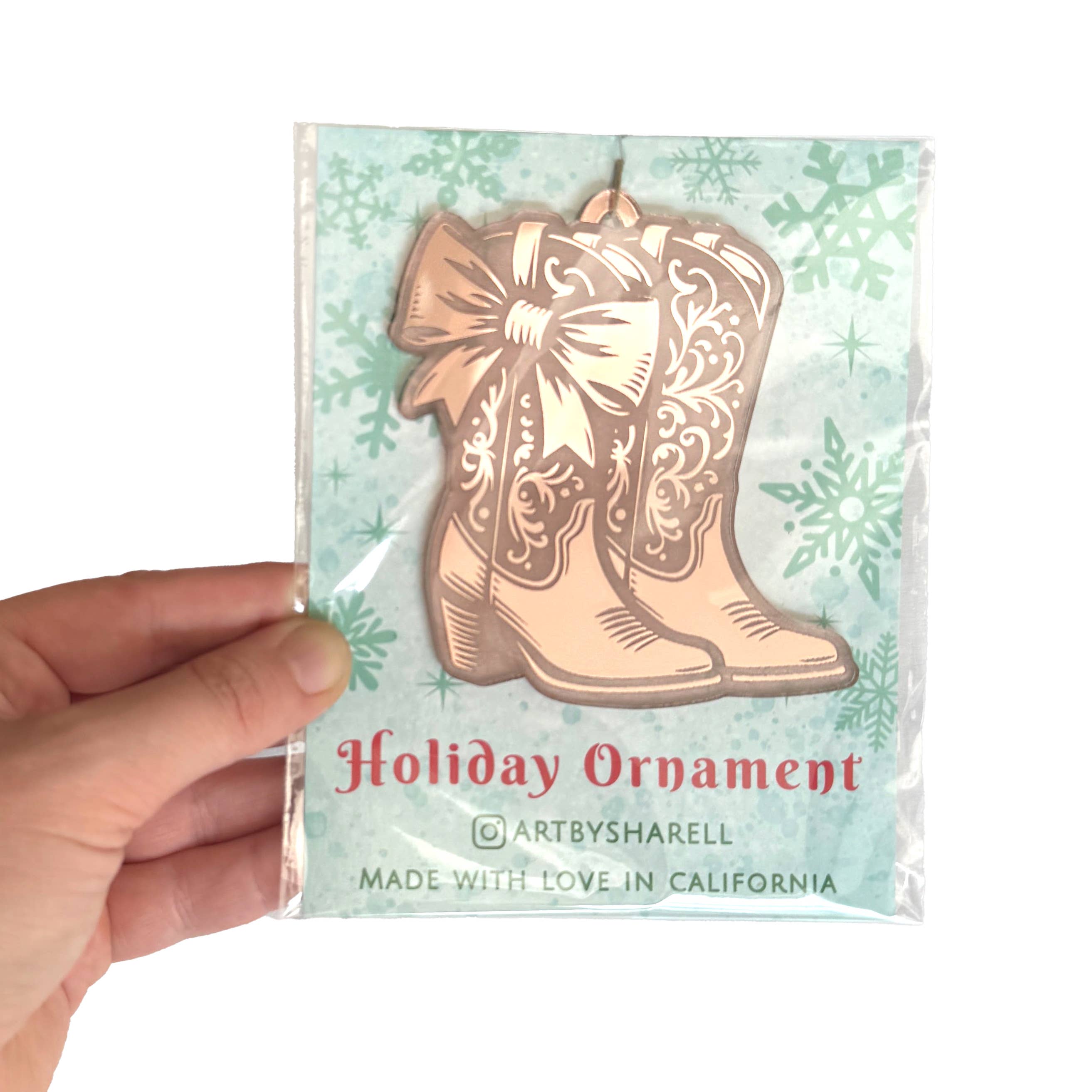 Art by Sharell - Wholesale Ornament Set - Mirrored Cowgirl Boots Ornament, Western Christmas Ornament1