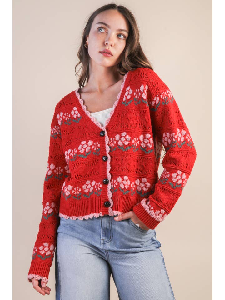 VERY J - Wholesale Cardigan - Women's - 12W3524N-Floral Graphic Detail Knit Sweater Cardigan8