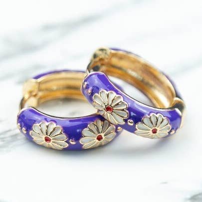 Gold Plated Large Purple Floral Multicolour Dainty Enamel Huggie Hoop Earrings for wholesale by The Colourful Aura