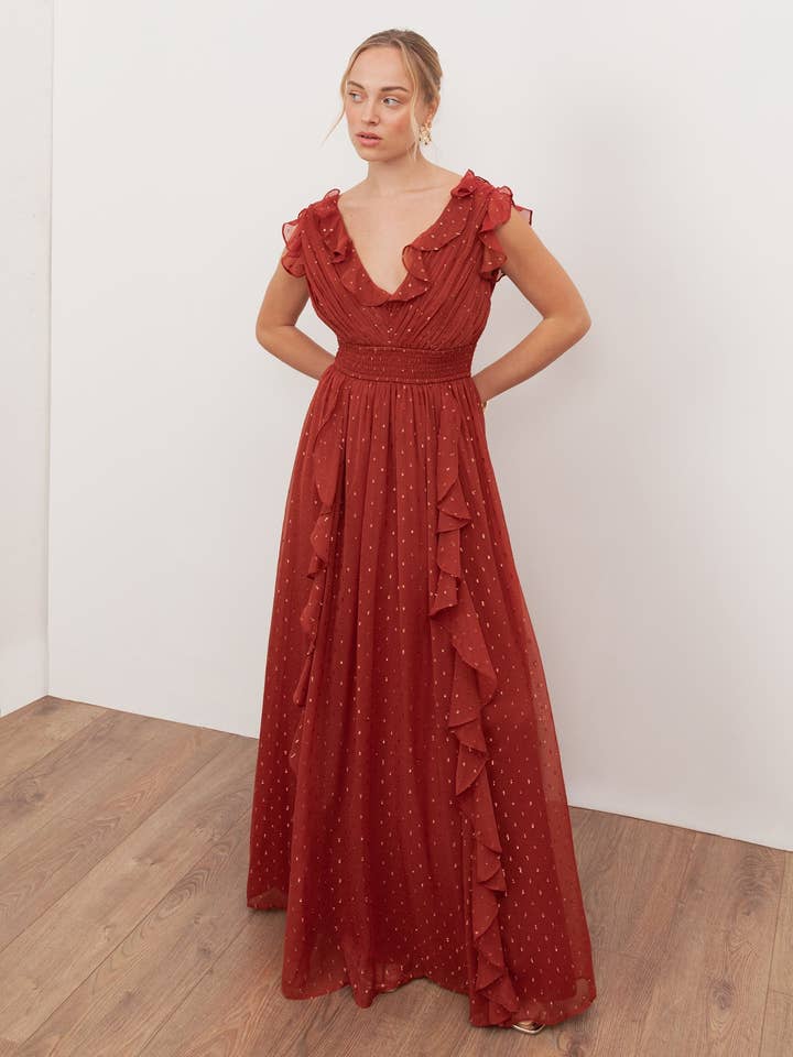 Anaya With Love Recycled Chilli Red Plunge Neck Waterfall Ruffle Maxi Dress for wholesale by Plaza Collection Ltd